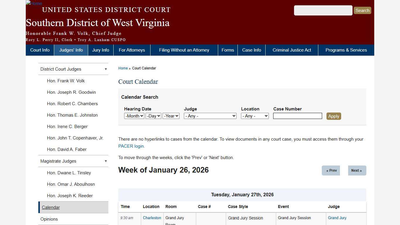 Court Calendar Southern District of West Virginia United States District Court